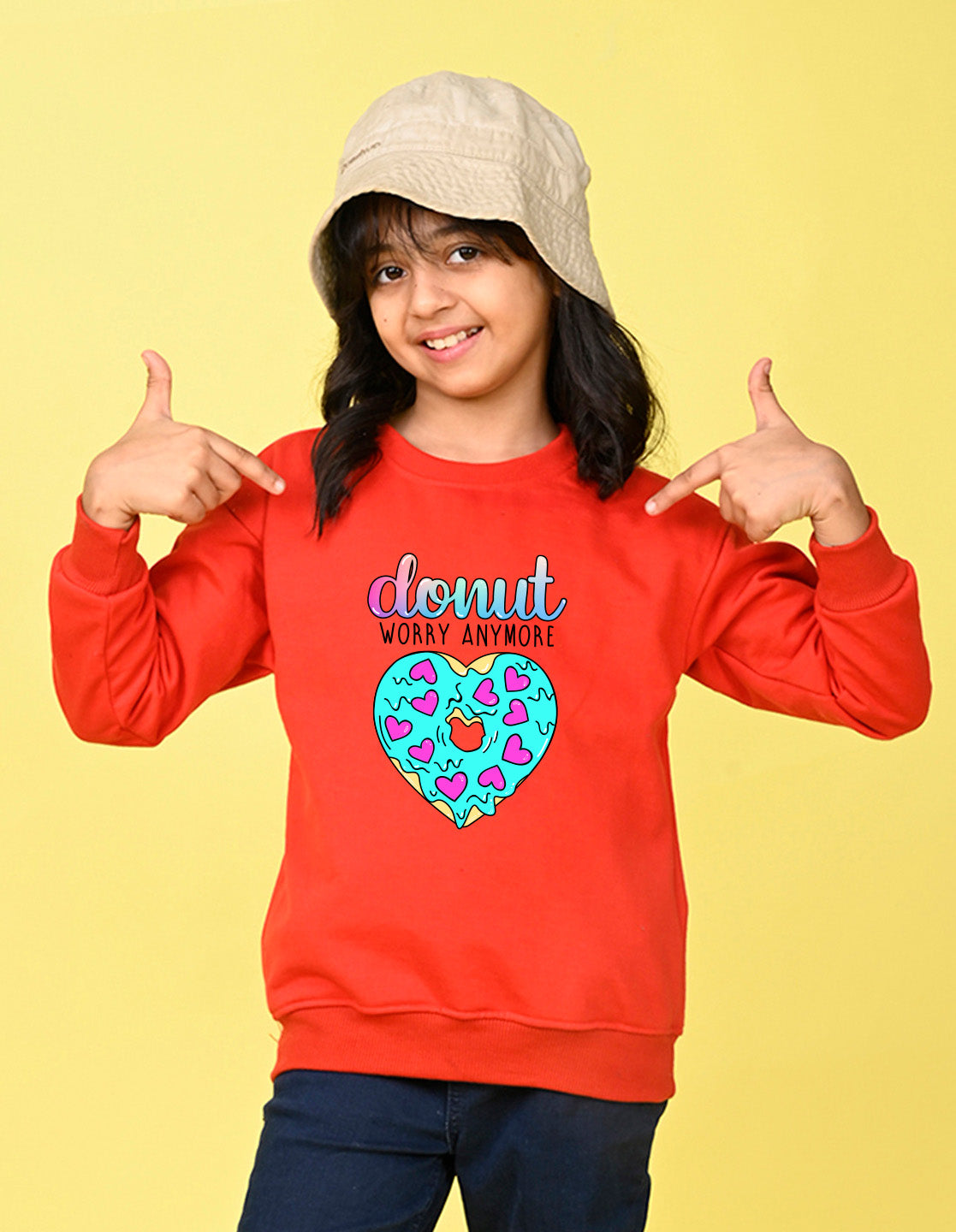 Nusyl Girl's Red Donut Worry Anymore Text Printed Round Neck Oversized Sweatshirt