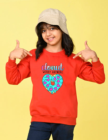 Nusyl Girl's Red Donut Worry Anymore Text Printed Round Neck Oversized Sweatshirt