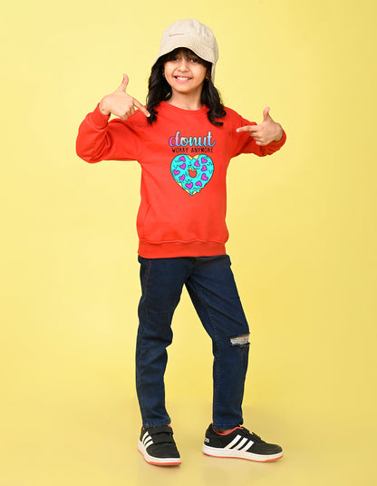 Nusyl Girl's Red Donut Worry Anymore Text Printed Round Neck Oversized Sweatshirt