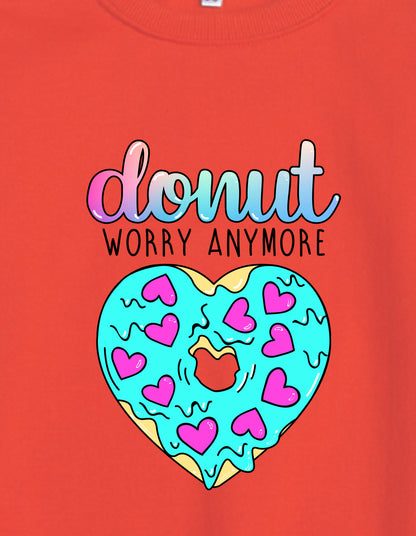 Nusyl Girl's Red Donut Worry Anymore Text Printed Round Neck Oversized Sweatshirt