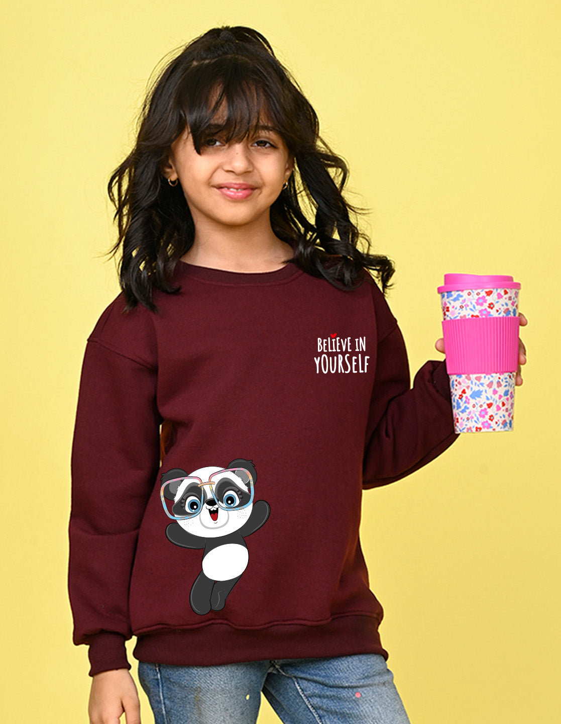 Nusyl Girl's Burgundy Believe in Yourself Text Printed Round Neck Oversized Sweatshirt