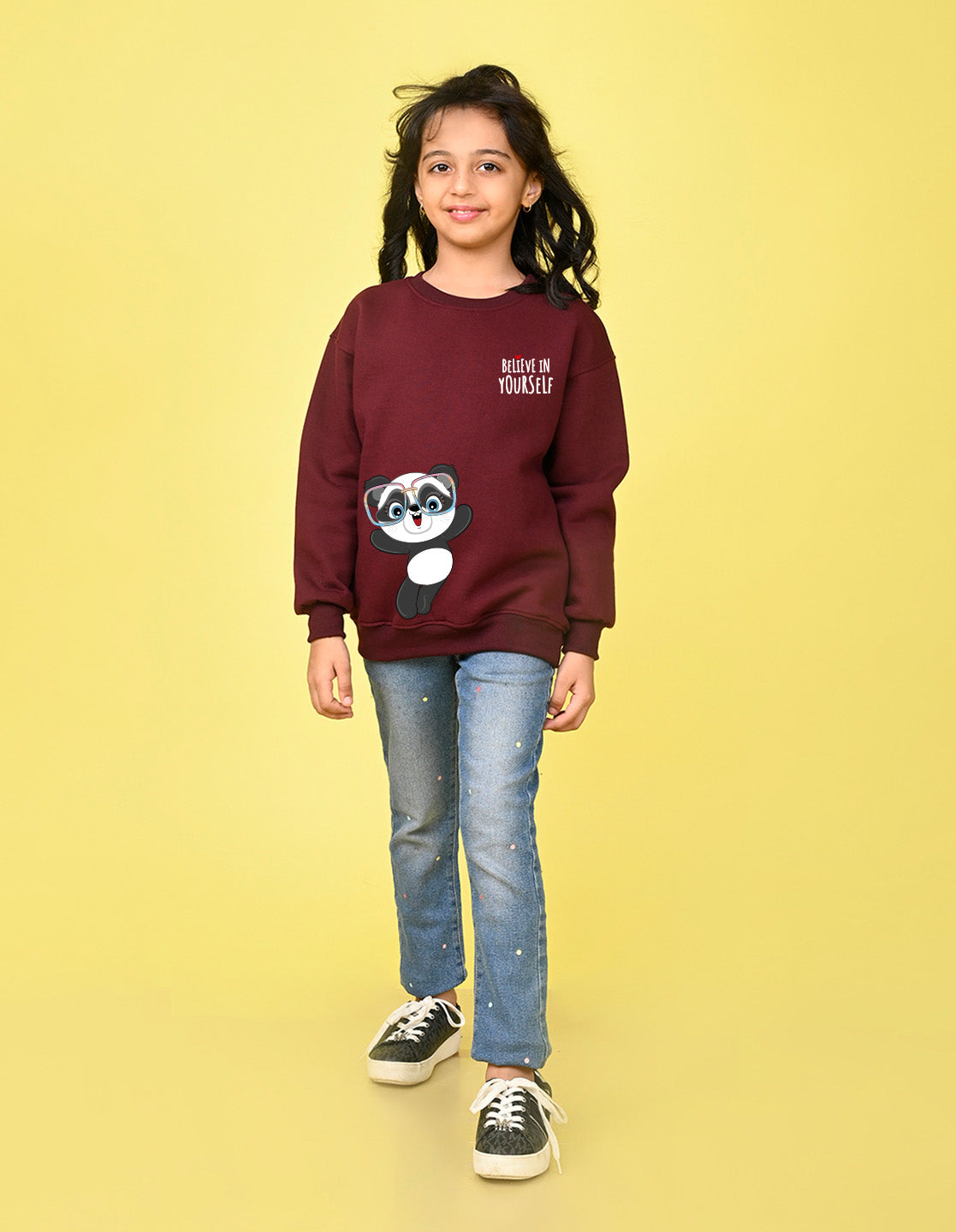 Nusyl Girl's Burgundy Believe in Yourself Text Printed Round Neck Oversized Sweatshirt