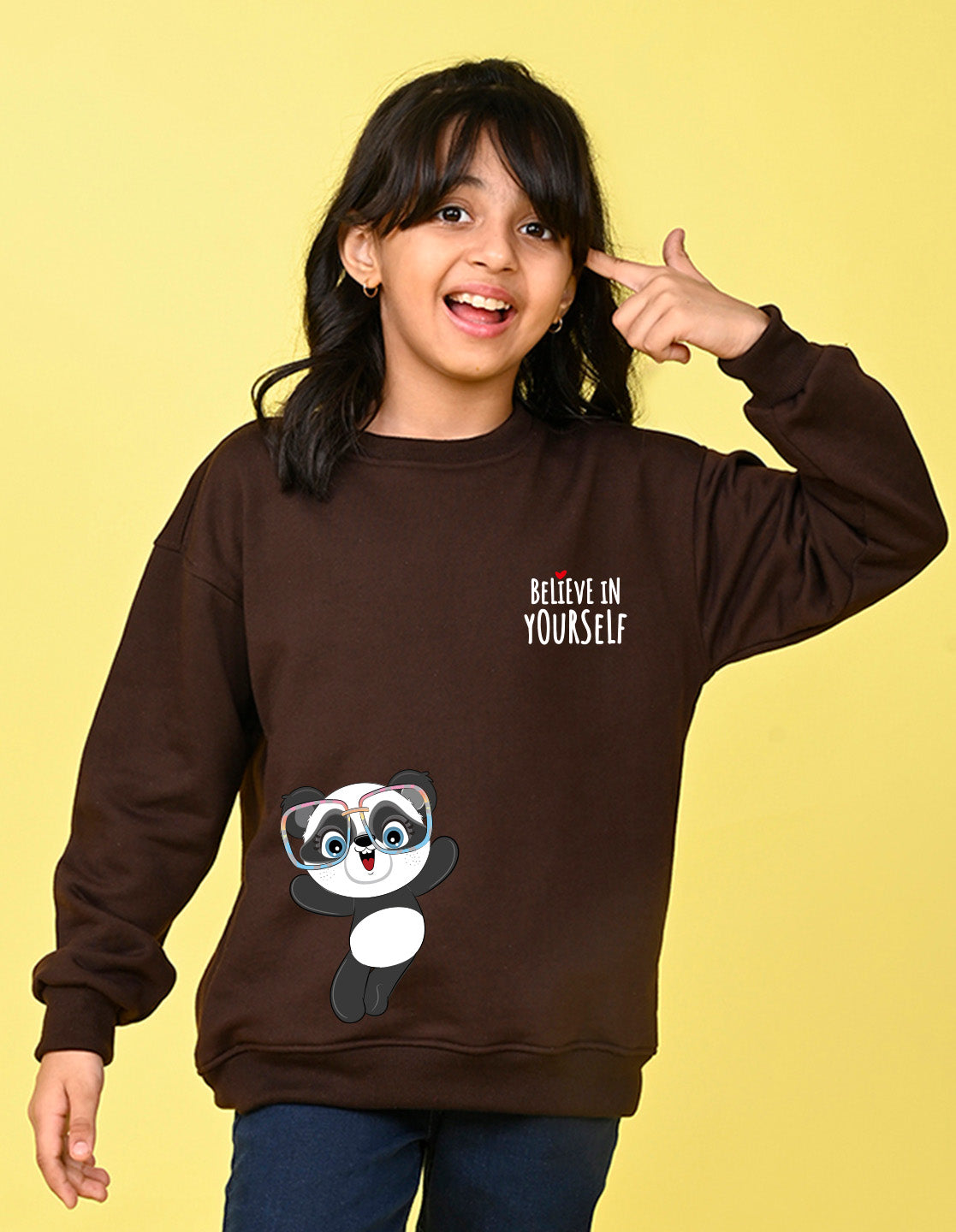 Nusyl Girl's Brown Believe in Yourself Text Printed Round Neck Oversized Sweatshirt