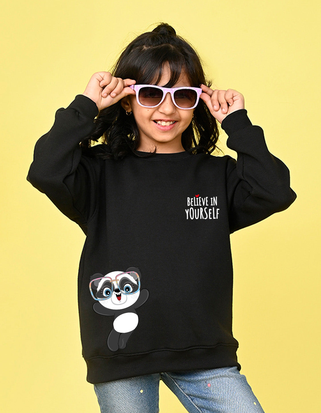 Nusyl Girl's Black Believe in Yourself Text Printed Round Neck Oversized Sweatshirt