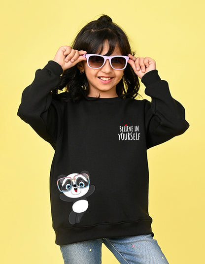 Nusyl Girl's Black Believe in Yourself Text Printed Round Neck Oversized Sweatshirt