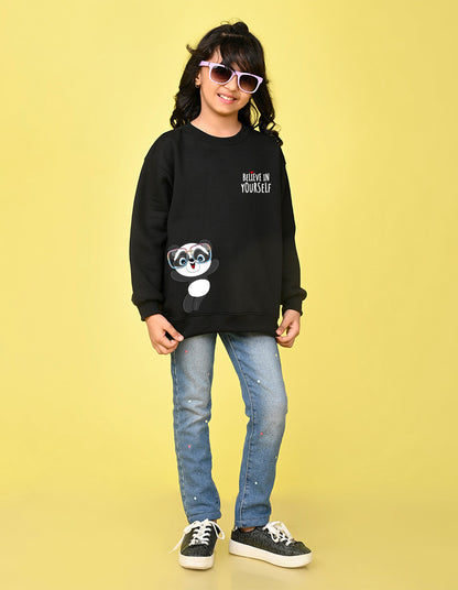 Nusyl Girl's Black Believe in Yourself Text Printed Round Neck Oversized Sweatshirt