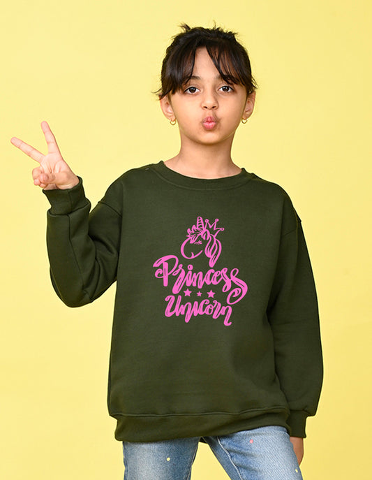 Nusyl Girl's Olive Princess Unicorn Text Printed Round Neck Oversized Sweatshirt