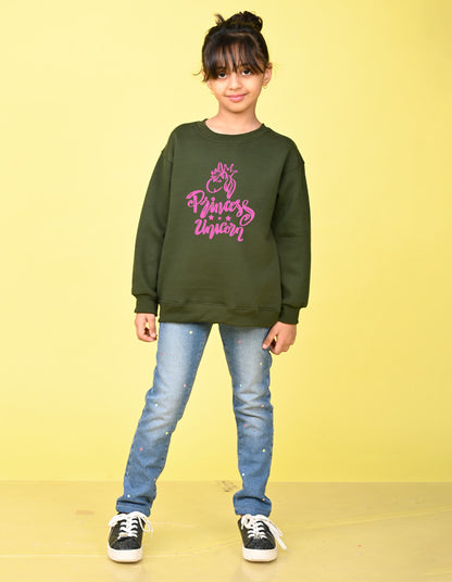 Nusyl Girl's Olive Princess Unicorn Text Printed Round Neck Oversized Sweatshirt