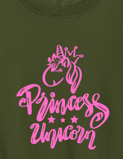 Nusyl Girl's Olive Princess Unicorn Text Printed Round Neck Oversized Sweatshirt