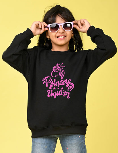 Nusyl Girl's Black Princess Unicorn Text Printed Round Neck Oversized Sweatshirt