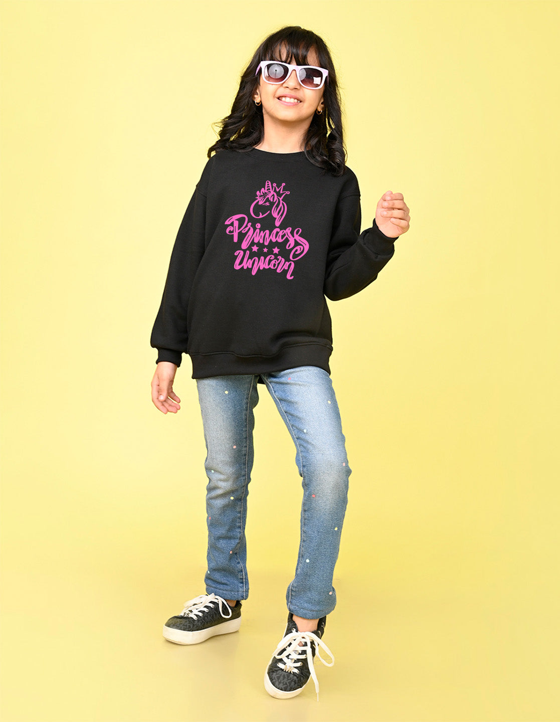 Nusyl Girl's Black Princess Unicorn Text Printed Round Neck Oversized Sweatshirt
