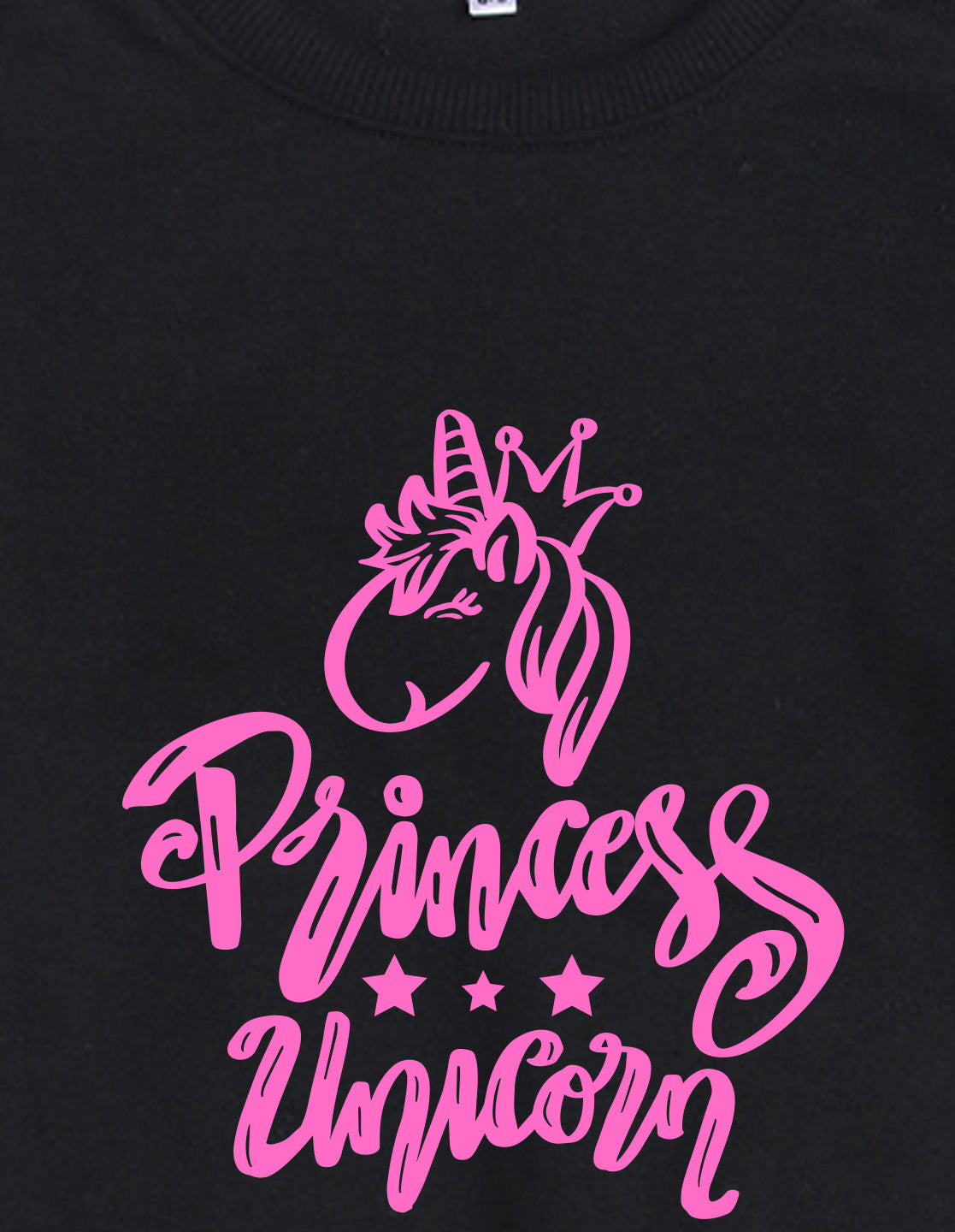 Nusyl Girl's Black Princess Unicorn Text Printed Round Neck Oversized Sweatshirt