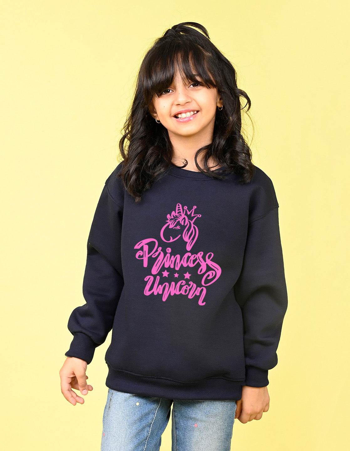Nusyl Girl's Navy Blue Princess Unicorn Text Printed Round Neck Oversized Sweatshirt