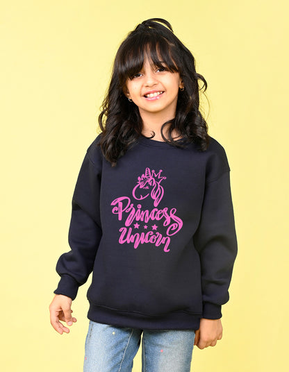 Nusyl Girl's Navy Blue Princess Unicorn Text Printed Round Neck Oversized Sweatshirt