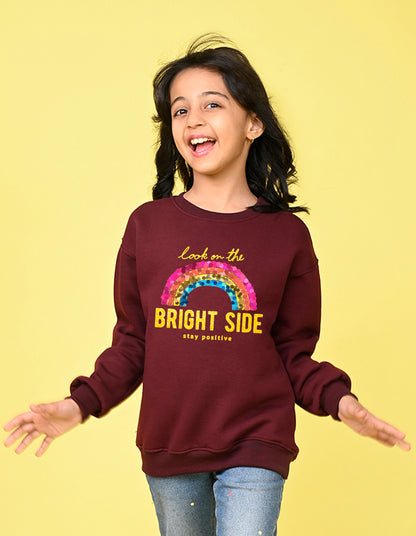 Nusyl Girl's Burgundy Stay Positive Text Printed Round Neck Oversized Sweatshirt