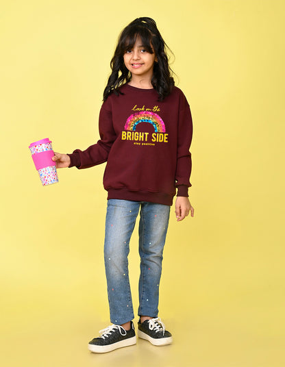 Nusyl Girl's Burgundy Stay Positive Text Printed Round Neck Oversized Sweatshirt