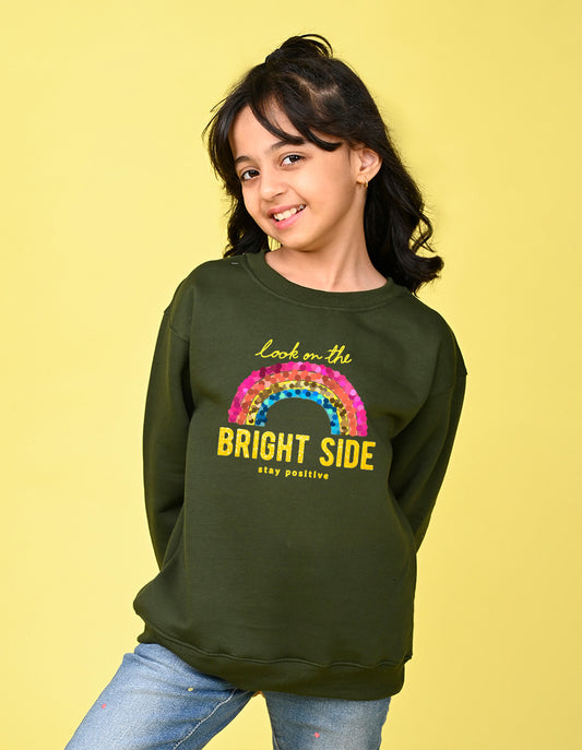 Nusyl Girl's Olive Stay Positive Text Printed Round Neck Oversized Sweatshirt