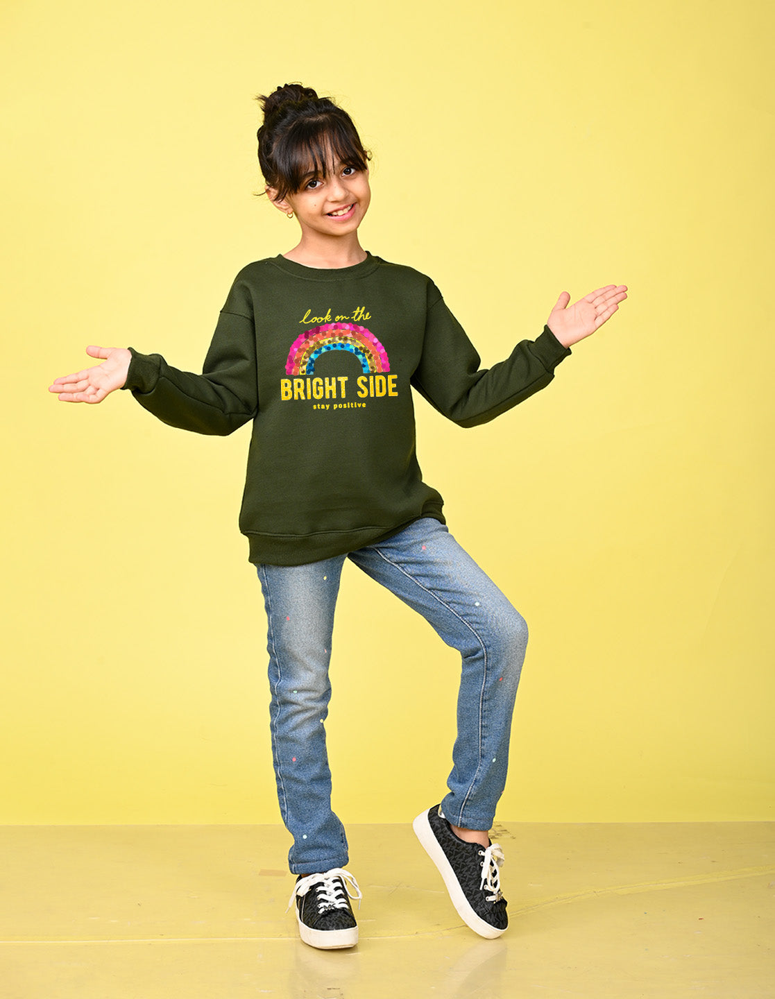 Nusyl Girl's Olive Stay Positive Text Printed Round Neck Oversized Sweatshirt