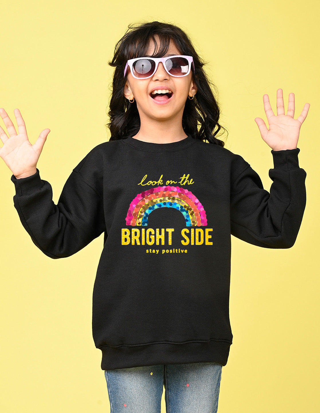 Nusyl Girl's Black Stay Positive Text Printed Round Neck Oversized Sweatshirt