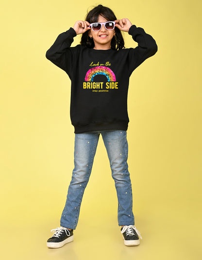 Nusyl Girl's Black Stay Positive Text Printed Round Neck Oversized Sweatshirt