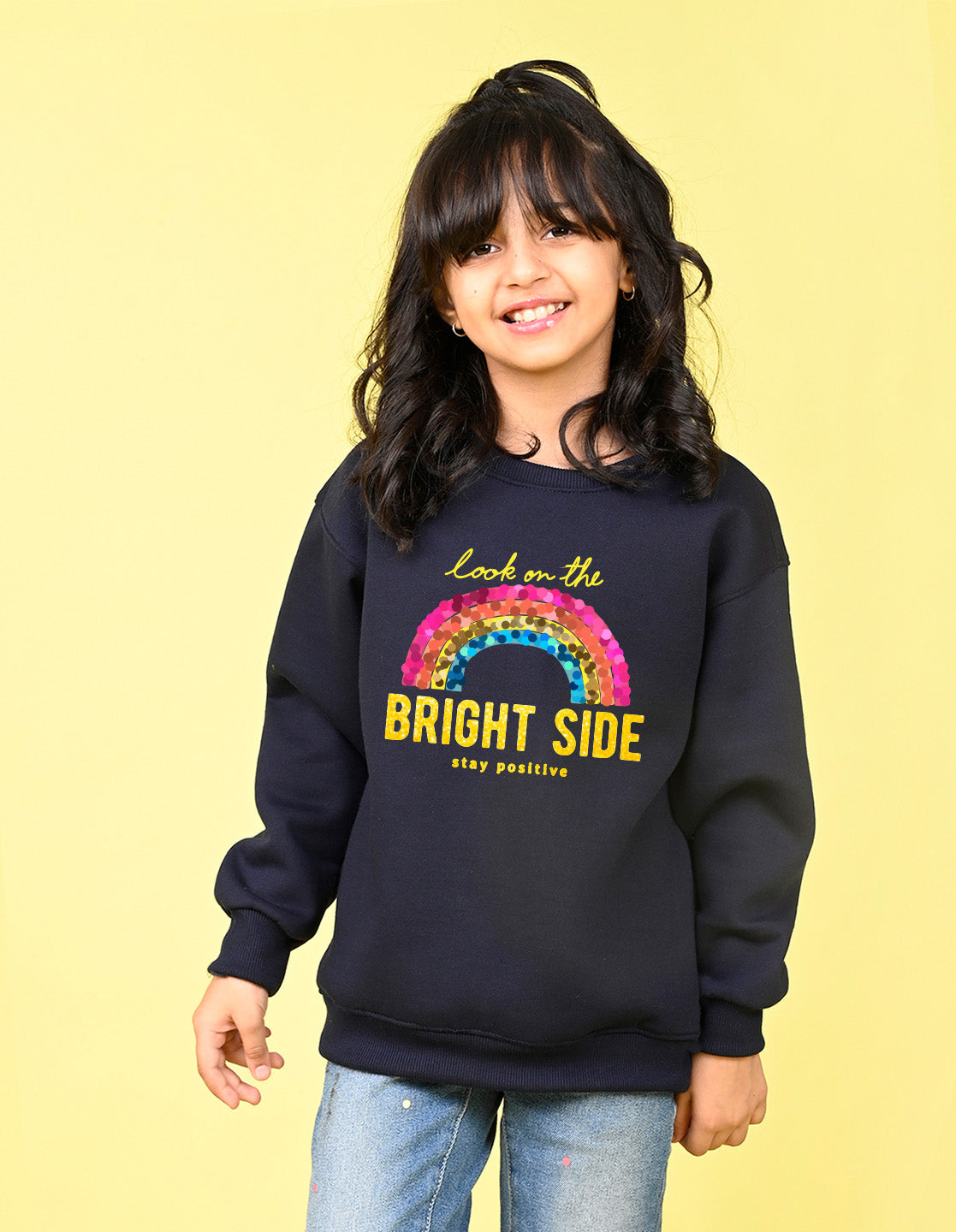 Nusyl Girl's Navy Blue Stay Positive Text Printed Round Neck Oversized Sweatshirt