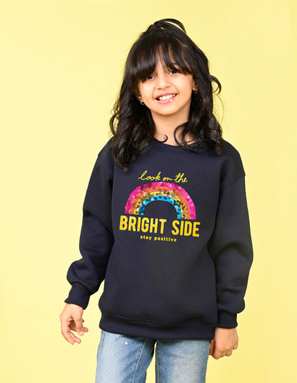Nusyl Girl's Navy Blue Stay Positive Text Printed Round Neck Oversized Sweatshirt