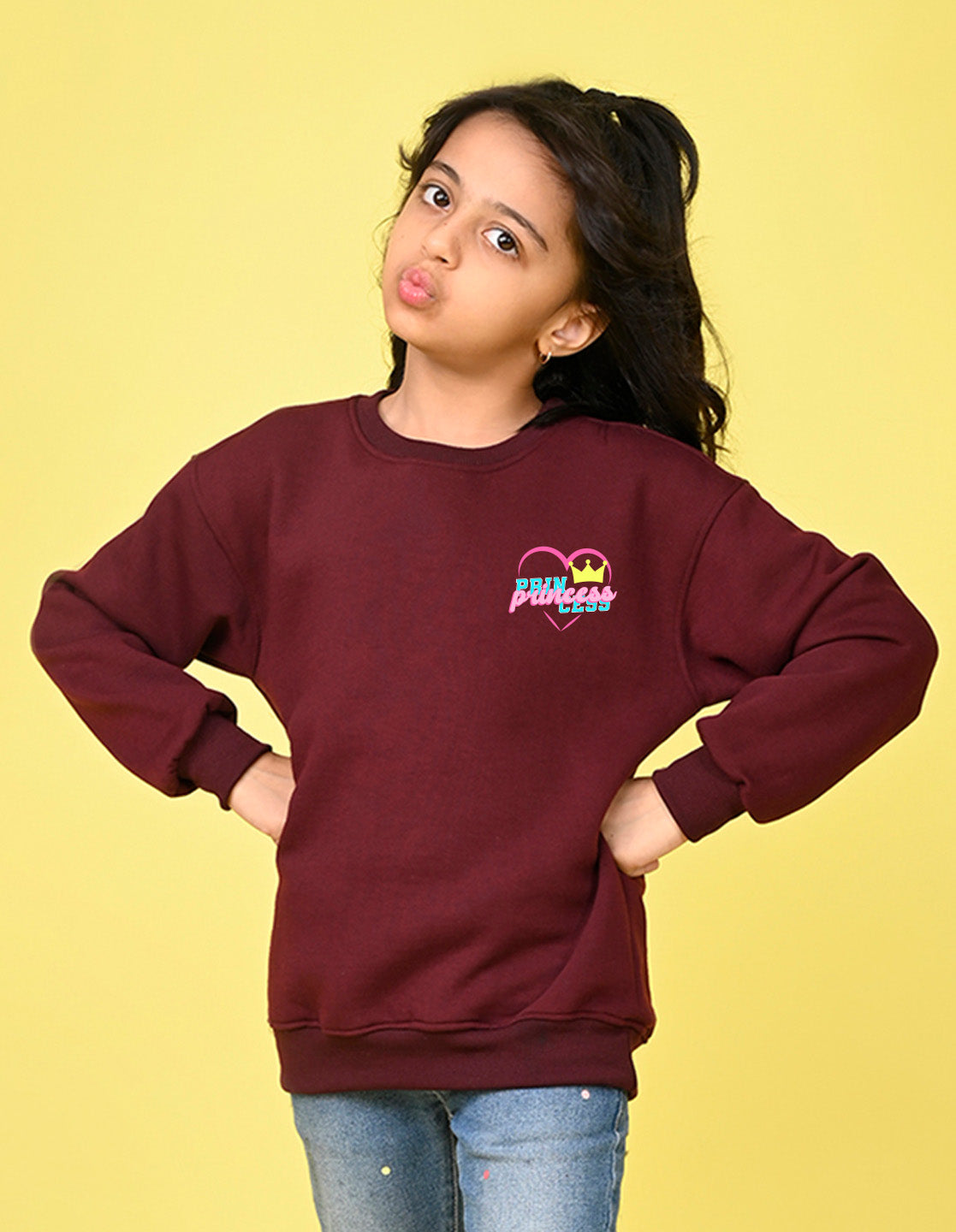 Nusyl Girl's Burgundy Princess Text Printed Round Neck Oversized Sweatshirt