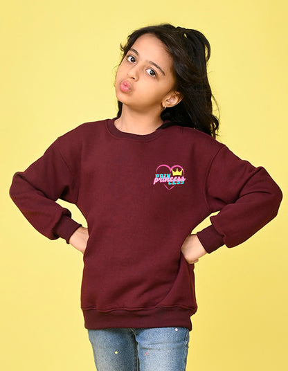 Nusyl Girl's Burgundy Princess Text Printed Round Neck Oversized Sweatshirt