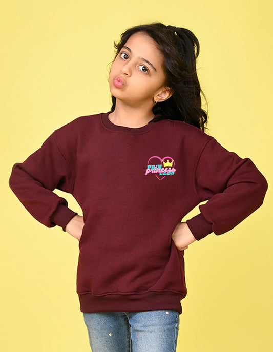 Nusyl Girl's Burgundy Princess Text Printed Round Neck Oversized Sweatshirt