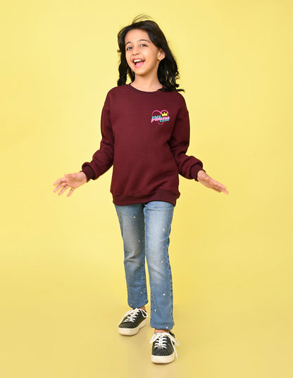 Nusyl Girl's Burgundy Princess Text Printed Round Neck Oversized Sweatshirt