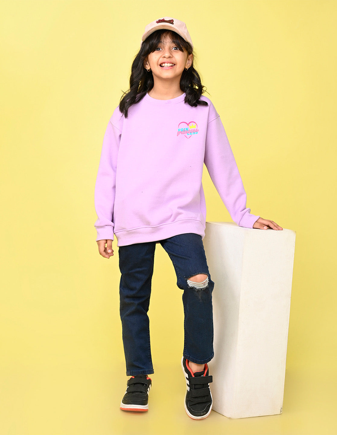 Nusyl Girl's Lilac Princess Text Printed Round Neck Oversized Sweatshirt
