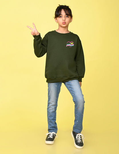 Nusyl Girl's Olive Princess Text Printed Round Neck Oversized Sweatshirt