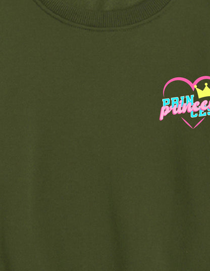 Nusyl Girl's Olive Princess Text Printed Round Neck Oversized Sweatshirt