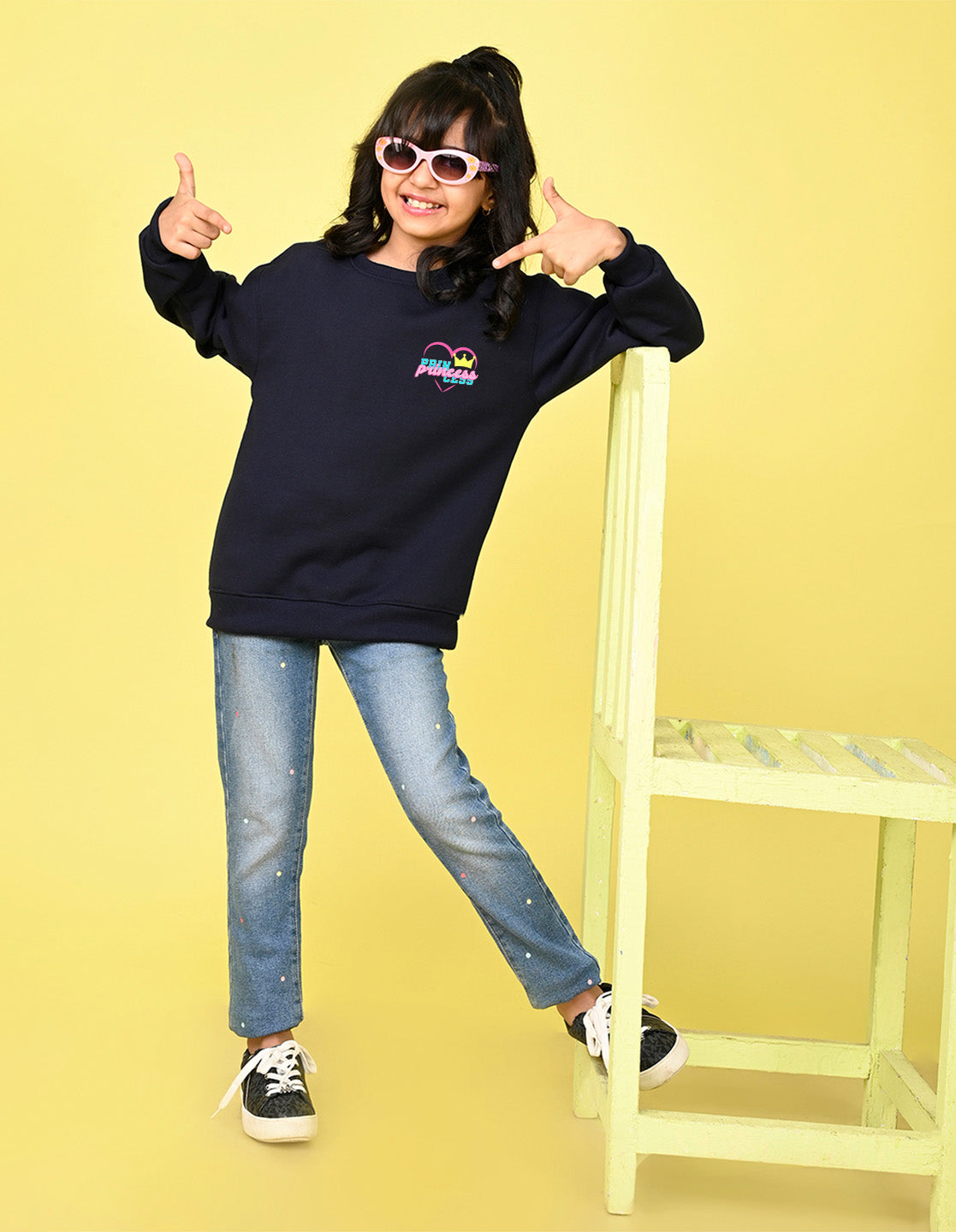 Nusyl Girl's Navy Blue Princess Text Printed Round Neck Oversized Sweatshirt