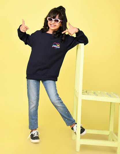 Nusyl Girl's Navy Blue Princess Text Printed Round Neck Oversized Sweatshirt