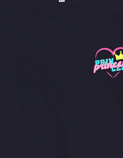 Nusyl Girl's Navy Blue Princess Text Printed Round Neck Oversized Sweatshirt