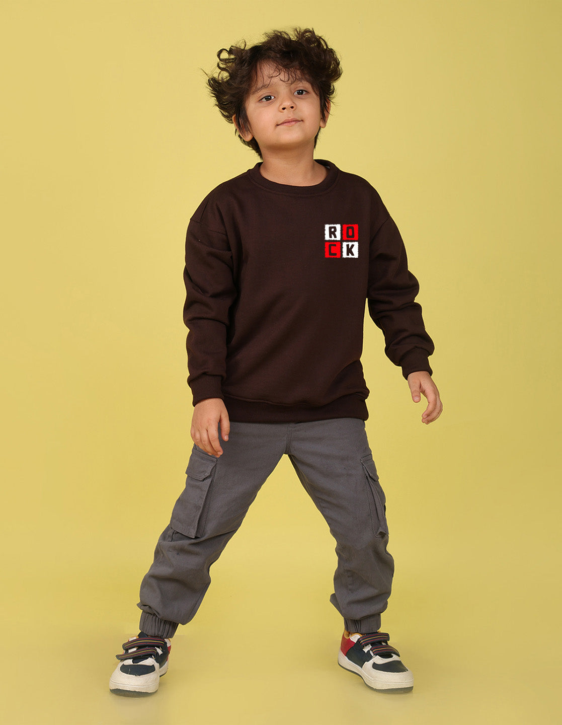 NUSYL Boy's Brown Rock text Printed Oversized Round neck Sweatshirt