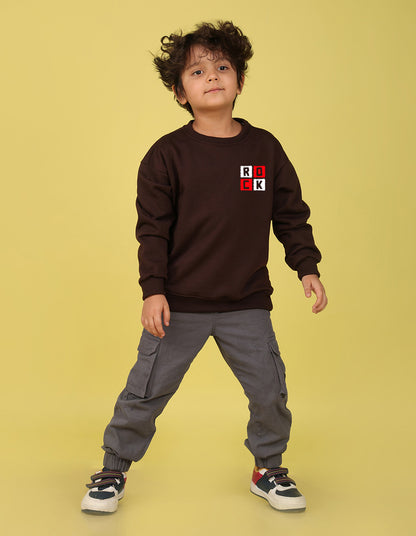 NUSYL Boy's Brown Rock text Printed Oversized Round neck Sweatshirt