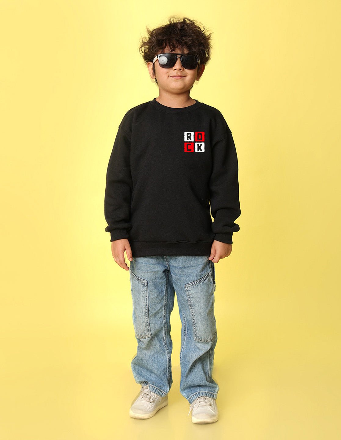 NUSYL Boy's Black Rock text Printed Oversized Round neck Sweatshirt