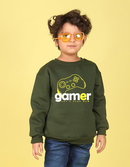 NUSYL Boy's Olive Gamer text Printed Oversized Round neck Sweatshirt