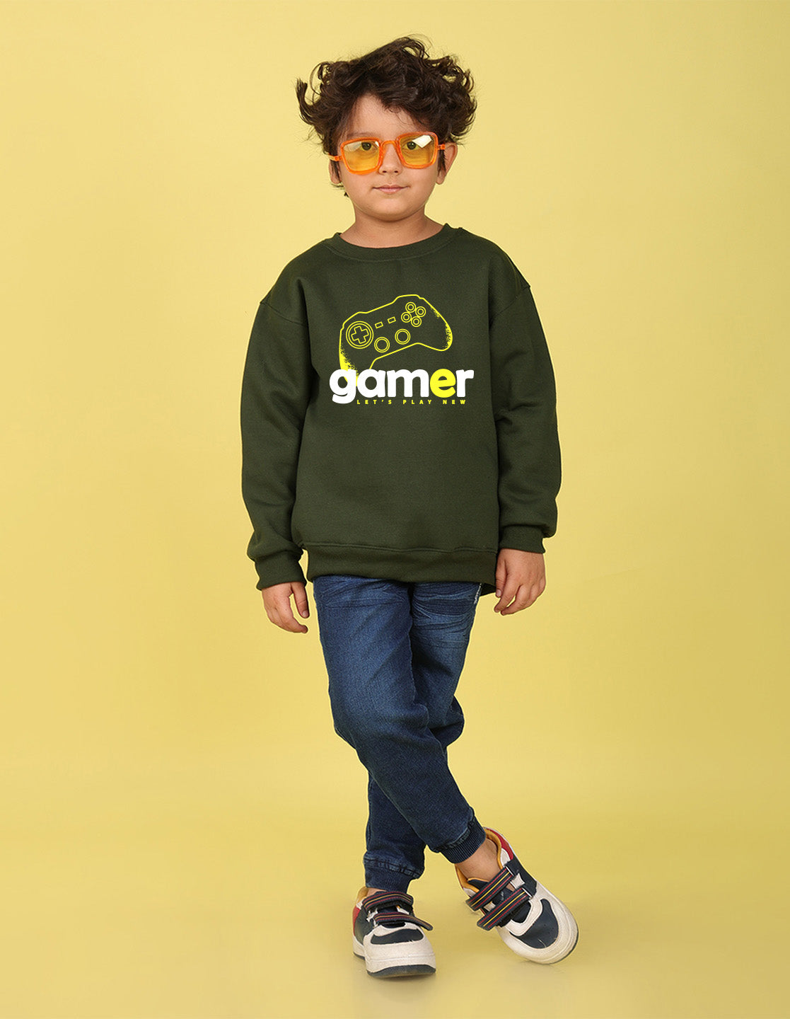 NUSYL Boy's Olive Gamer text Printed Oversized Round neck Sweatshirt