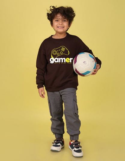 NUSYL Boy's Brown Gamer text Printed Oversized Round neck Sweatshirt