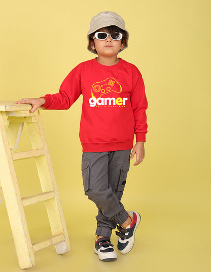 NUSYL Boy's Red Gamer text Printed Oversized Round neck Sweatshirt
