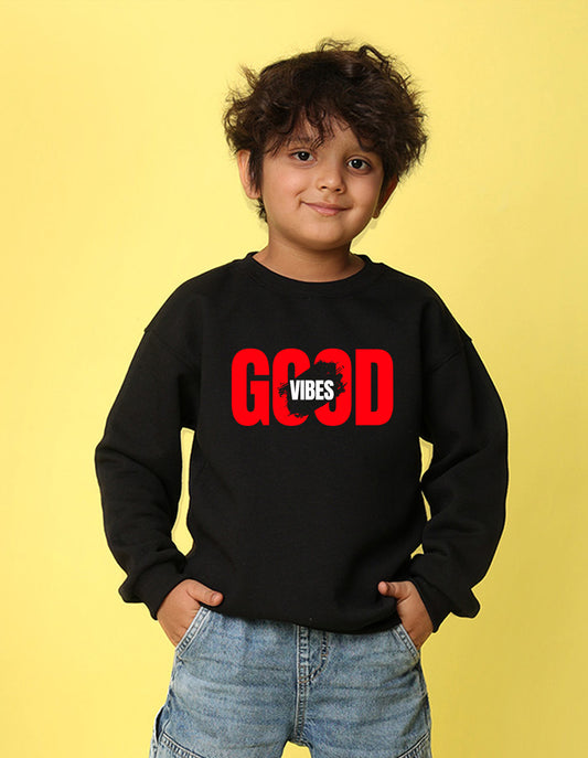 NUSYL Boy's Black Good Vibes text Printed Oversized Round neck Sweatshirt