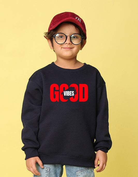 NUSYL Boy's Navy Blue Good Vibes text Printed Oversized Round neck Sweatshirt