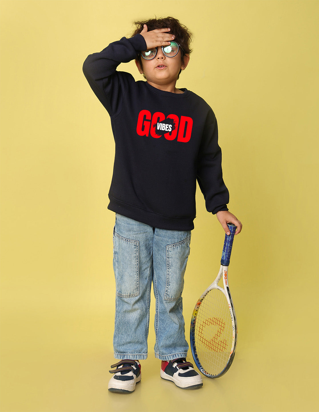 NUSYL Boy's Navy Blue Good Vibes text Printed Oversized Round neck Sweatshirt