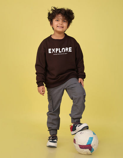 NUSYL Boy's Brown Explore text Printed Oversized Round neck Sweatshirt
