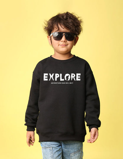 NUSYL Boy's Black Explore text Printed Oversized Round neck Sweatshirt