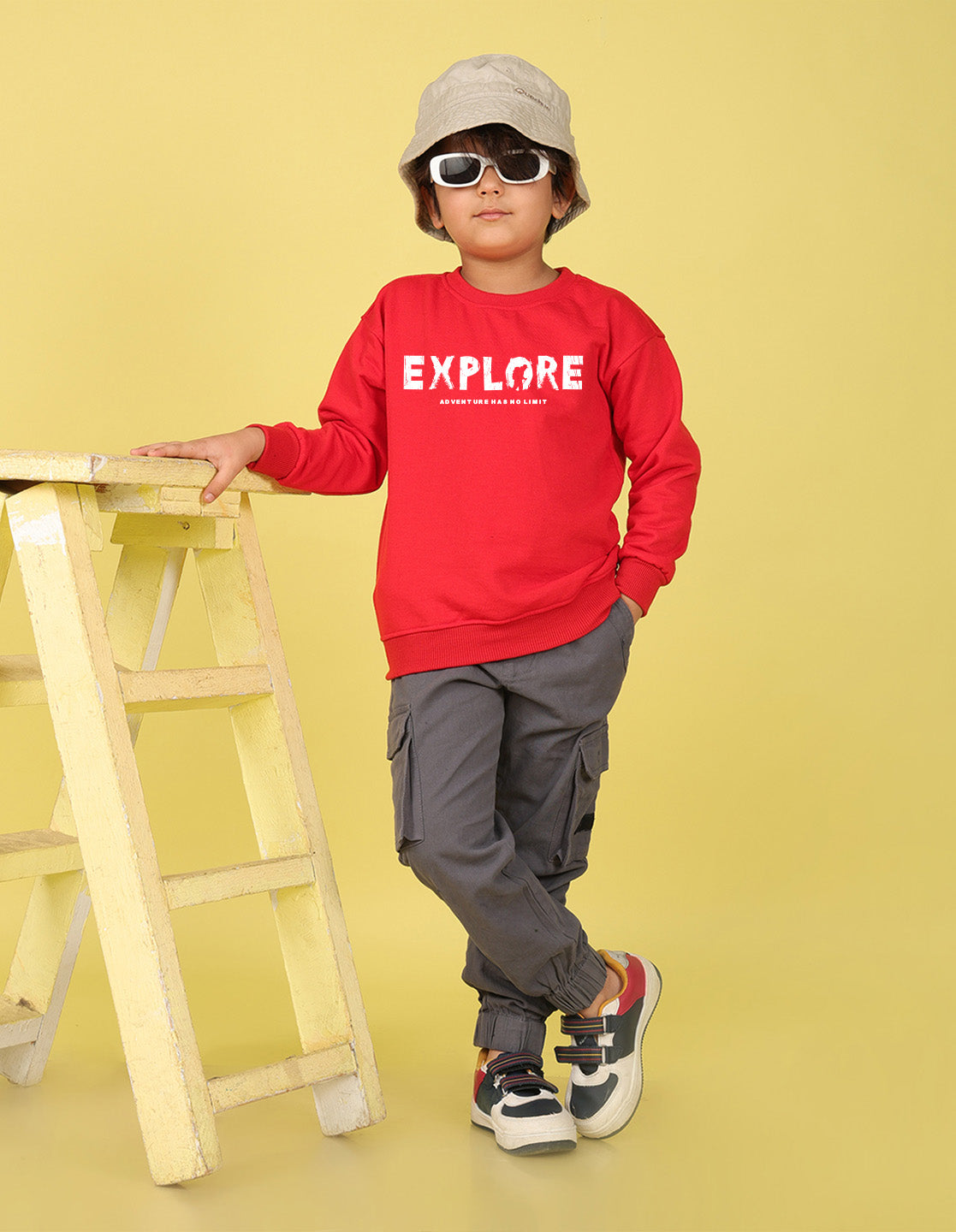 NUSYL Boy's Red Explore text Printed Oversized Round neck Sweatshirt