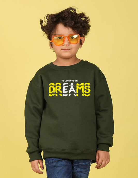 NUSYL Boy's Olive Dreams text Printed Oversized Round neck Sweatshirt